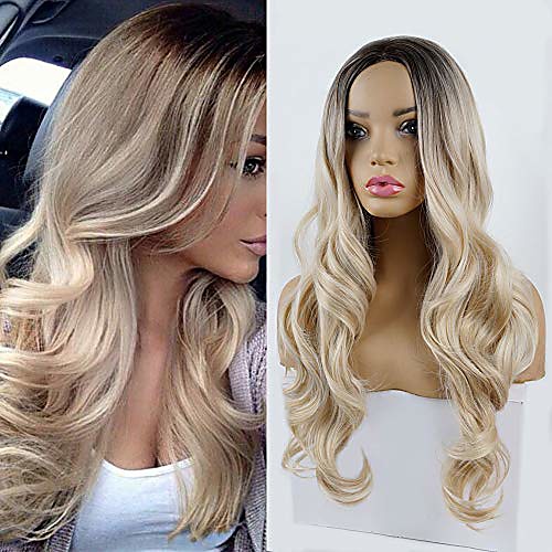 

28 inch long curly wavy wig for women girl ladies, daily wear middle part wigs natural looking heat resistant replacement wig cosplay costume full wig synthetic fiber full curly wigs (1b/ mix blond)