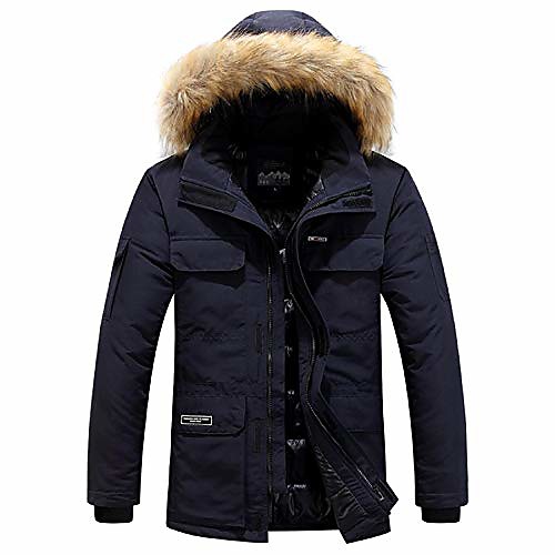 

men's faux fur removable hooded -padded coat winter warm long down water resistant parka jacket navy