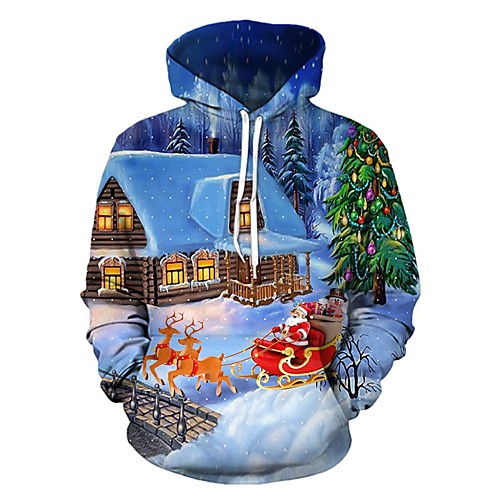 

Men's Pullover Hoodie Sweatshirt 3D Cartoon Ugly Christmas Hooded Christmas Casual Christmas Hoodies Sweatshirts Long Sleeve Blue