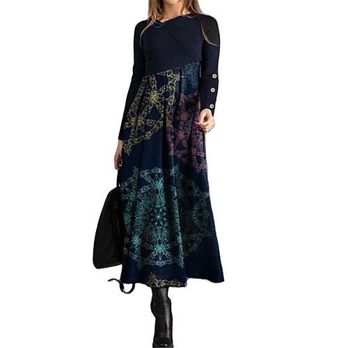 

Women's Swing Dress Maxi long Dress Black Dusty Blue Long Sleeve Print Patchwork Button Print Fall Spring Round Neck Elegant Casual 2021 S M L XL XXL 3XL