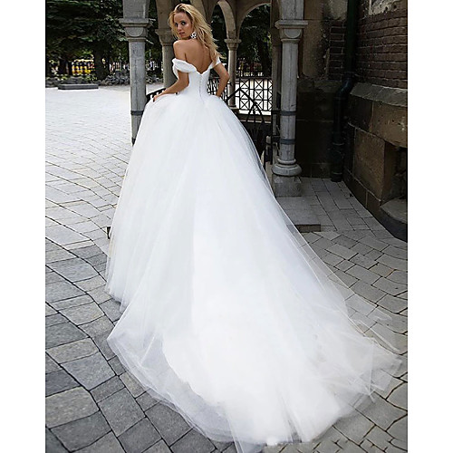 

Ball Gown Wedding Dresses Off Shoulder Chapel Train Tulle Short Sleeve with 2021