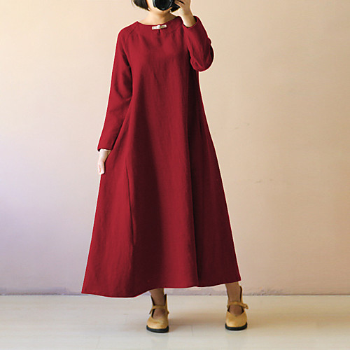 

Women's A Line Dress Maxi long Dress Black Wine Khaki Long Sleeve Solid Color Patchwork Winter Round Neck Vintage Cotton 2021 S M L XL XXL 3XL 4XL 5XL