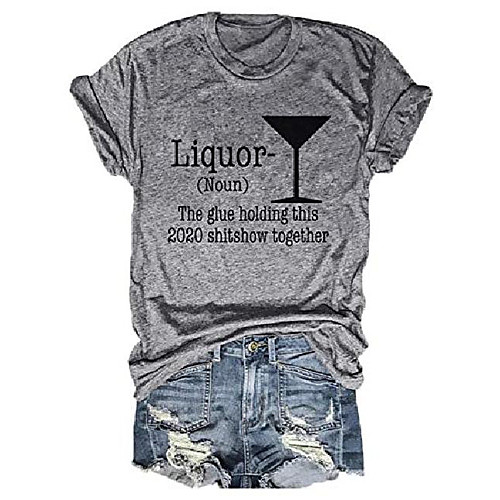 

womens liquor graphic tee tops funny liquor define letter print round neck casual t-shirt (grey, large)