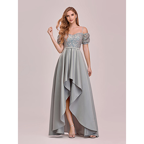 

A-Line Empire Elegant Party Wear Prom Dress Spaghetti Strap Short Sleeve Asymmetrical Satin with Sequin 2021