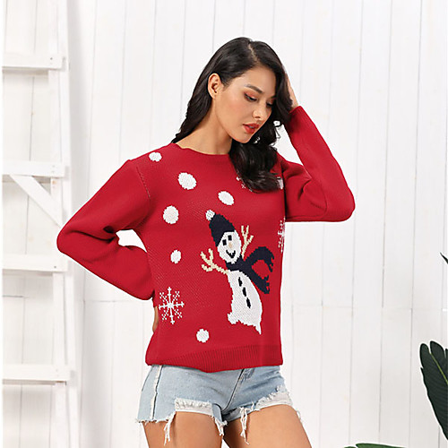 

Women's Christmas Knitted Geometric Pullover Long Sleeve Sweater Cardigans Crew Neck Fall Winter Red