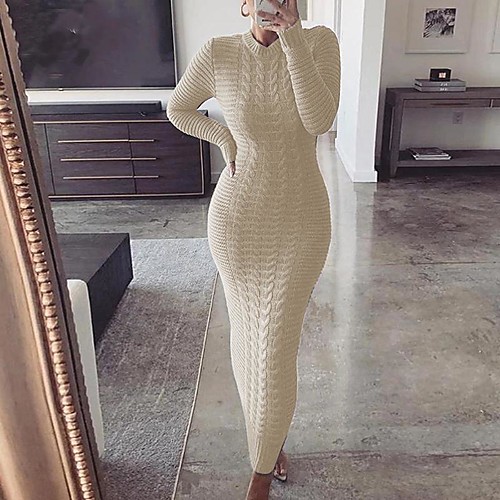 

Women's Sweater Jumper Dress Maxi long Dress Black Beige Gray Long Sleeve Solid Color Fall Round Neck Sexy 2021 S M L XL XXL 3XL