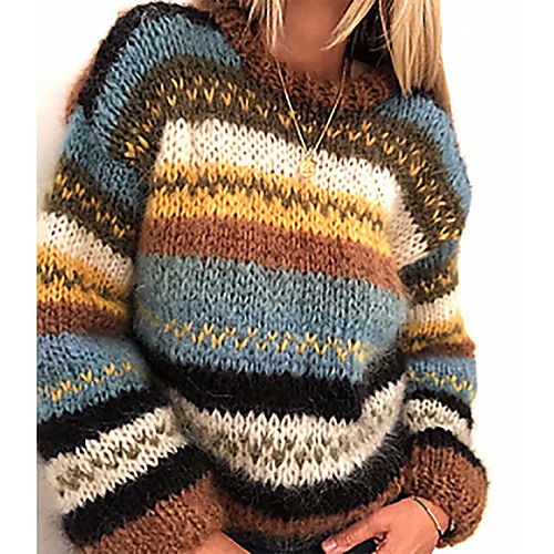 

Women's Striped Jumper Acrylic Fibers Long Sleeve Sweater Cardigans Crew Neck Fall Winter Rainbow