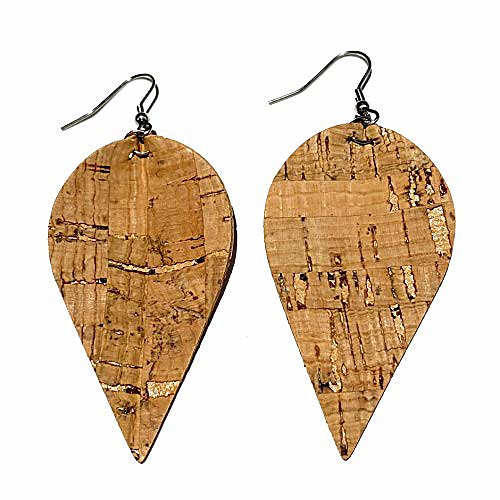 

natural | cork wood grain faux leather teardrop earrings | stainless-steel hypoallergenic drop earrings | packaged in floral box for gift (natural)