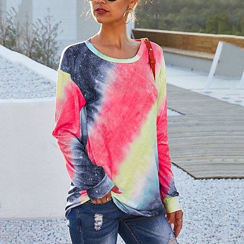 

Women's Blouse Shirt Rainbow Color Block Long Sleeve Patchwork Print Round Neck Tops Cotton Basic Basic Top Blue Purple Red