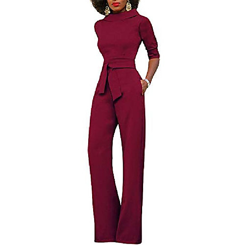 

women's elegant wide leg long pants short sleeves jumpsuits rompers with belt wine red