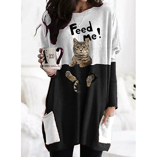 

Women's T shirt Dress Tunic Cat Plaid Graphic Prints Long Sleeve Pocket Patchwork Print Round Neck Tops Basic Basic Top White Black