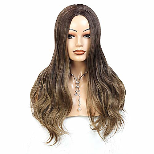 

ombre brown natural wavy wig middle part heat resistant synthetic hair wig for women