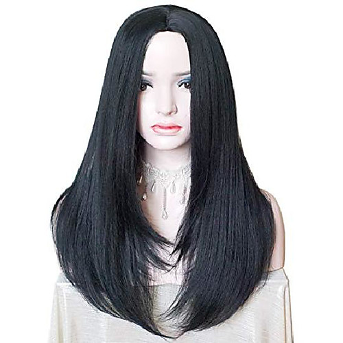 

long straight black wigs halloween costume wig heat resistant fiber middle center part full cosplay concert wigs for women (black)