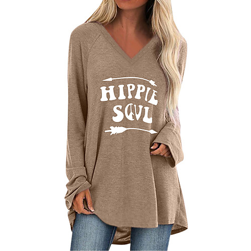

Women's Blouse Shirt Letter Long Sleeve Patchwork Print V Neck Tops Cotton Basic Basic Top Black Wine Army Green