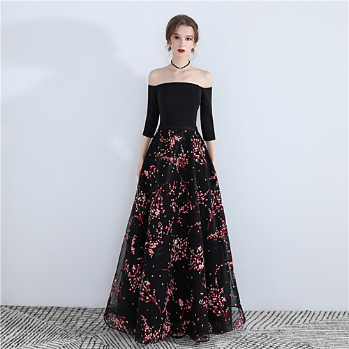 

A-Line Sexy Floral Wedding Guest Prom Dress Off Shoulder 3/4 Length Sleeve Floor Length Satin with Pattern / Print 2021