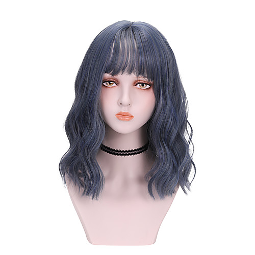 

Synthetic Wig Curly With Bangs Wig Medium Length Blue Synthetic Hair 16 inch Women's Cool Fluffy Blue