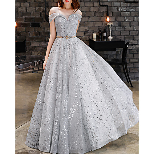 

A-Line Sparkle Elegant Prom Formal Evening Dress V Neck Sleeveless Floor Length Lace with Sequin 2021