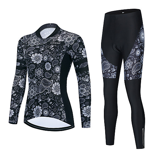 

21Grams Women's Long Sleeve Cycling Jersey with Bib Tights Cycling Jersey with Tights Winter White Black BlackWhite Floral Botanical Bike Breathable Quick Dry Sports Graphic Mountain Bike MTB Road