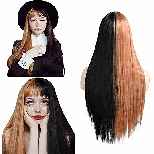 

fani 22 inch straight half black half blonde wig,women's silky long wig with bangs,heat resistant synthetic wig cosplay halloween party wigs include wig cap costume accessory