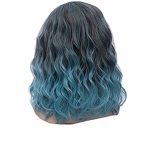 

35cm 13.8 purple blue ombre mixed rainbow wavy wig women halloween cosplay curly fluffy short hair wig (f3)