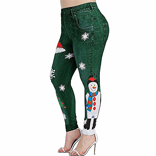 

women 3d print christmas leggings snowman snowflake print elastic waist skinny faux jean jeggings green