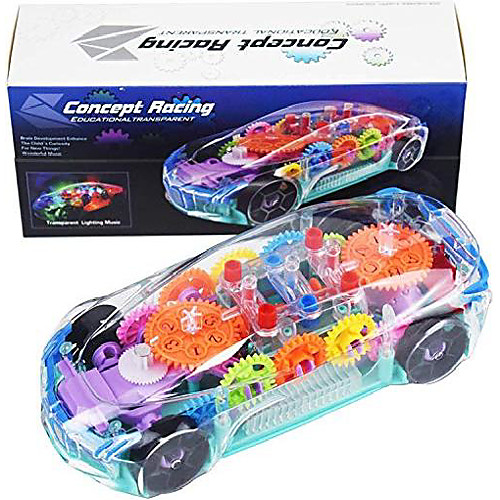 

kids toy car with led music and electric transparent mechanical gear - early educational learning race cars toys for 2 3 4 year old boys girls
