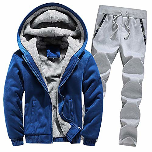 

men's tracksuits winter zipper hooded sweatshirt jackets coat and jogger sweatpants thickening 2pcs sets with pockets (c-blue, xl)
