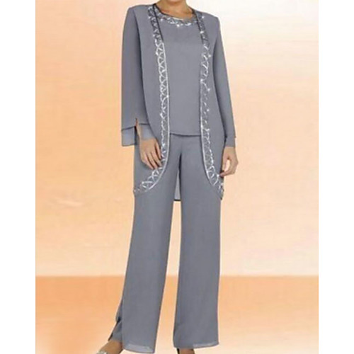 

Pantsuit / Jumpsuit Mother of the Bride Dress Wrap Included Jewel Neck Floor Length Chiffon Long Sleeve with Beading 2021