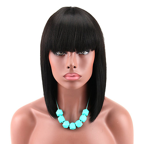 

Women's Black Color Short Bob Wig with Hair Bangs Yaki Synthetic Full Hair Wig Heat Resistant Short Straight Black Wig for Women