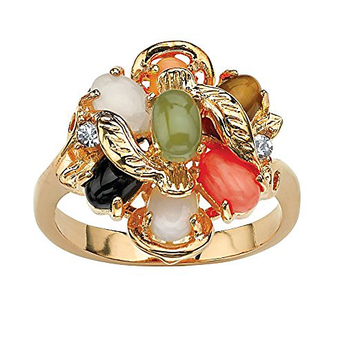 

18k yellow gold plated oval shaped genuine green jade, tiger's eye, coral, onyx and opal ring size 8