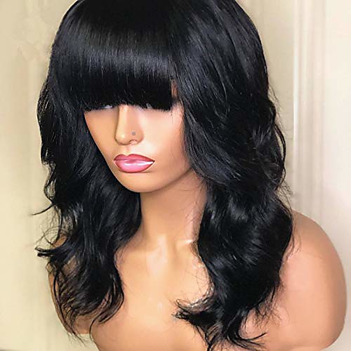 

natural black synthetic wigs with bangs natural looking wavy style full machine made replacement wig for daily use and party (18 inch, natural black)