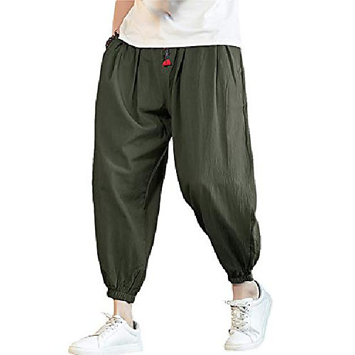 

mens baggy pants linen loose harem capri pants lightweight drawstring yoga beach trousers elastic waist beige