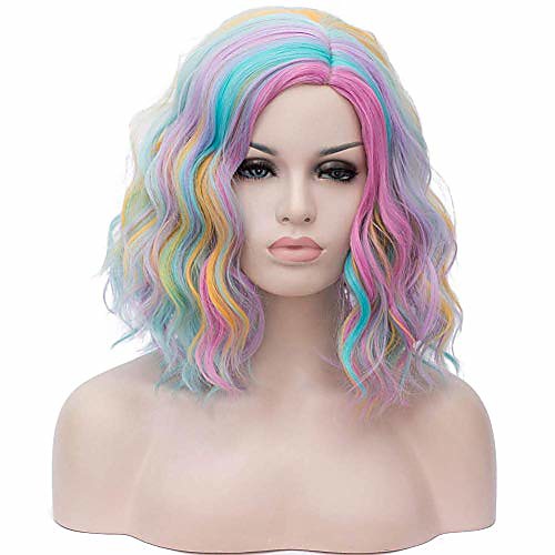 

short bob wig wavy curly wig rainbow wigs halloween christmas cosplay party wig 36cm heat resistant wig (rainbow 1)
