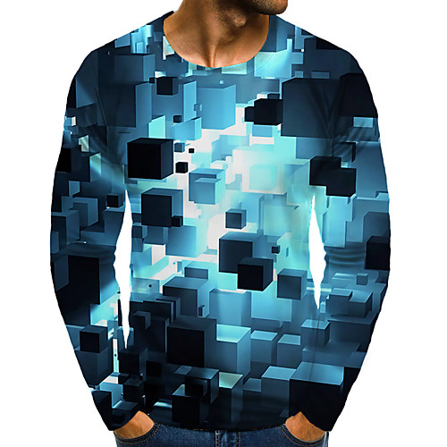 

Men's T shirt 3D Print Graphic Optical Illusion 3D Plus Size Print Long Sleeve Daily Tops Light Blue