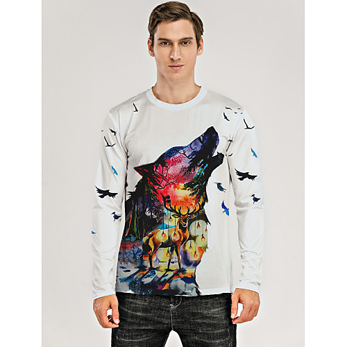

Men's T shirt 3D Print Graphic 3D Animal Print Long Sleeve Daily Tops White