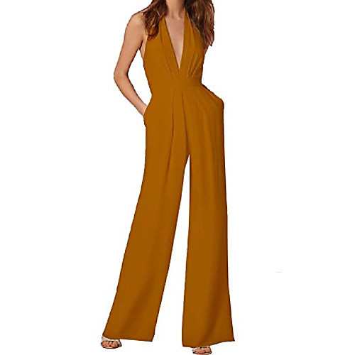 

women sexy jumpsuits formal sleeveless v-neck halter wide leg long pants (yellow, m)