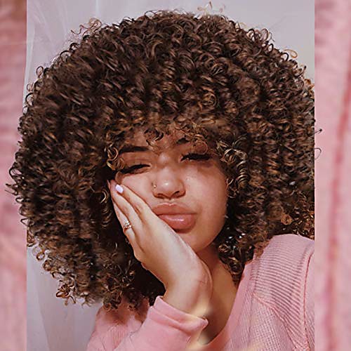 

afro wig for women kinky curly wig with bangs short brown curly synthetic heat resistant hair afro curly bangs wig for black women natural looking for daily party festival use