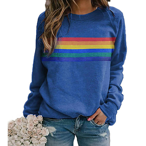 

Women's T shirt Rainbow Graphic Long Sleeve Round Neck Tops Basic Casual Basic Top Blue Red Khaki