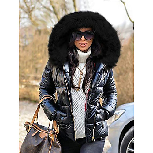 

aox women winter fox faux fur shiny black down parka hooded slim jacket coat top (s, black hood)