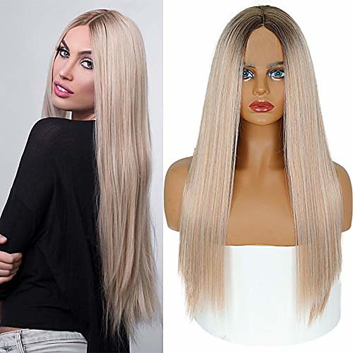 

misswig long straight blond ombre wigs for women dark roots middle part synthetic full wig cosplay wigs