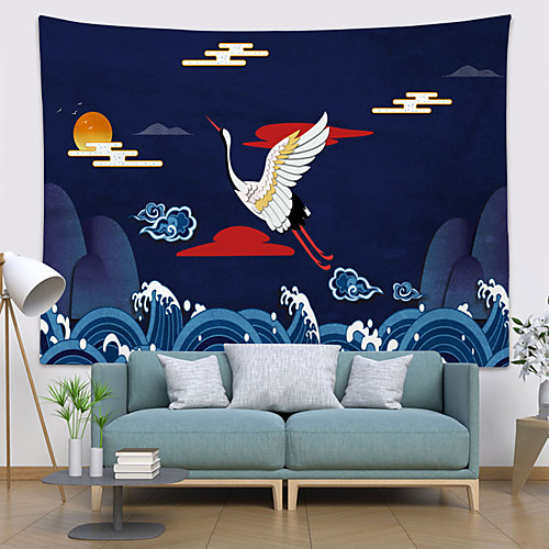 

Chinese Style Wall Tapestry Art Decor Blanket Curtain Hanging Home Bedroom Living Room Decoration Polyester Crane Sun Sea Wave Mountian Cloud