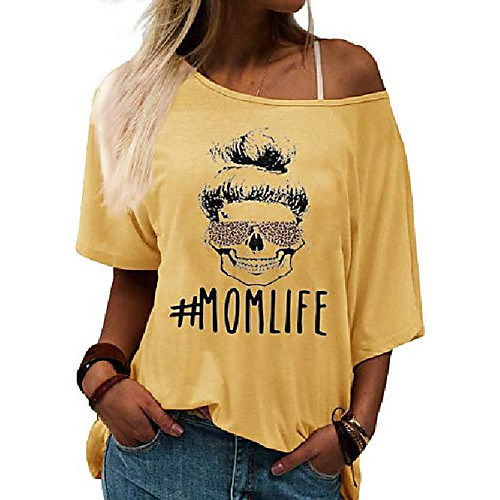 

womens mom life shirt funny graphic skull leopard print sunglasses off shoulder bat sleeve tops (yellow, l)