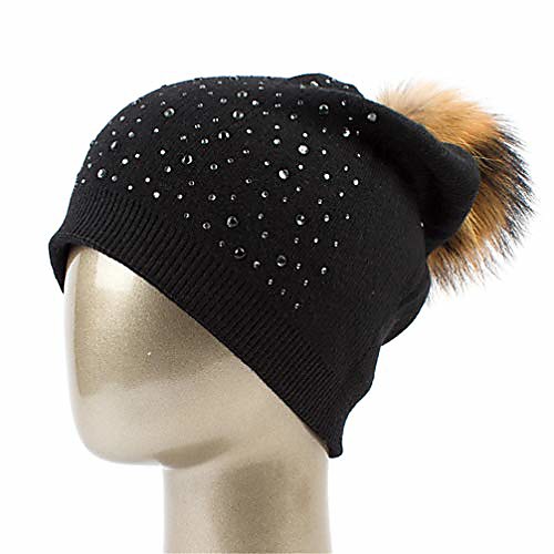 

women's wool knitted hat winter warm cashmere beanies with raccoon fur pompom ladies solid colors cap with rhinestones