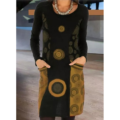 

Women's Shift Dress Knee Length Dress Red Yellow Light Blue Long Sleeve Print Patchwork Print Fall Round Neck Casual 2021 S M L XL XXL 3XL