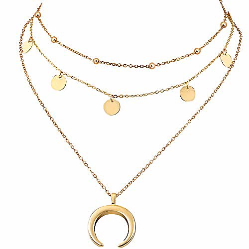 

layered chain choker necklace moon sequins pendant, golds, size no size