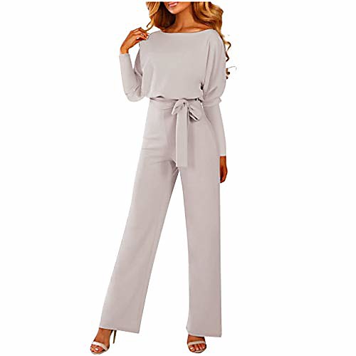 

women's casual loose long sleeve belted wide leg high waist pant romper jumpsuits