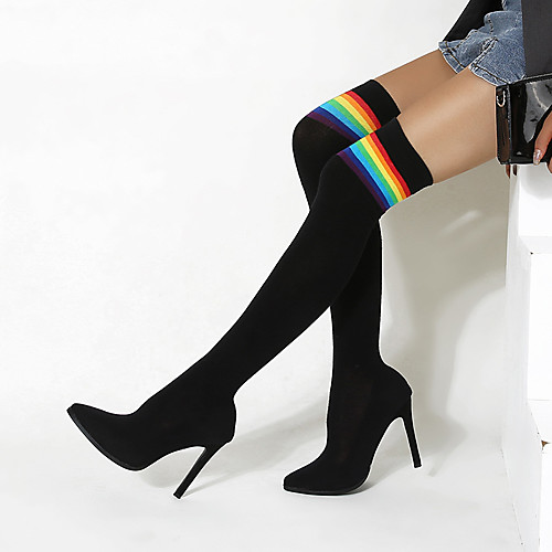 

Women's Boots Stiletto Heel Boots Sock Boots Stiletto Heel Pointed Toe Crotch High Boots Daily Walking Shoes PU Color Block Black / Knee High Boots