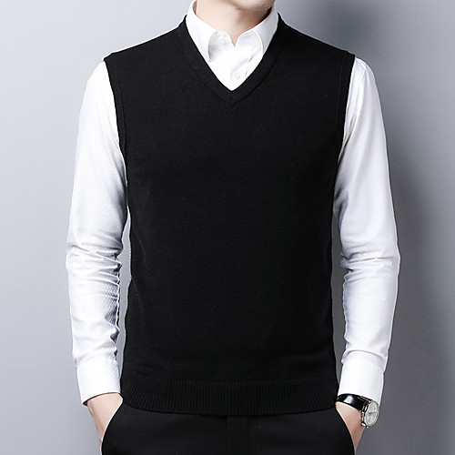 

Men's Knitted Solid Color Vest Short Sleeves Sweater Cardigans V Neck Spring Fall Black Blue Fuchsia