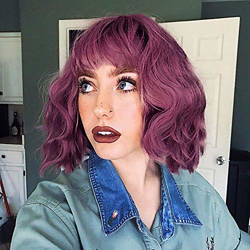 

synthetic short curly bob wavy purple wig with bangs for women shoulder length pastel bob style synthetic wigs with air bangs for white women curly bob wig natural looking heat resistant wigs