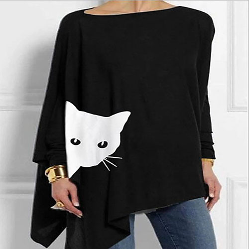 

Women's Blouse Shirt Cat Long Sleeve Print Round Neck Tops Basic Top Black Navy Blue Gray